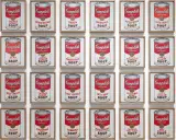 Andy Warhol's repetition art showcases a grid of Campbell's soup cans, each a unique flavor, creating a vibrant pop art statement.