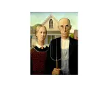 This famous picture of farmer and wife depicts a stoic couple standing before a Gothic-style farmhouse. The farmer holds a pitchfork.