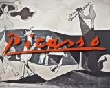 A surreal scene in Picasso art style, featuring abstract figures and goats, with the artist's name boldly overlaid in orange.