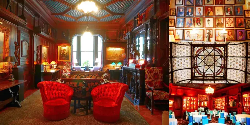 The National Arts Club features opulent interiors with red velvet chairs, ornate woodwork, and a stunning stained-glass ceiling.